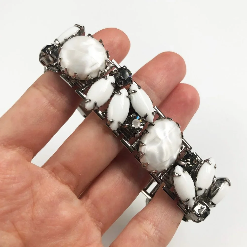 White rhinestone wide bracelet, accent silver mesh bracelet large fancy crystal